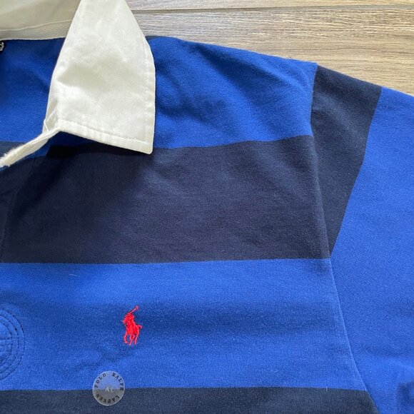 Polo Ralph Lauren Shirt Youth XL Blue & Black Stripe Rugby Collared Small Pony - Picture 2 of 12